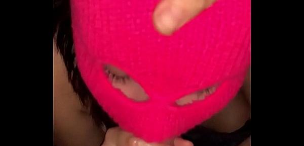  teen girlfriend giving sloppy blowjob in ski mask